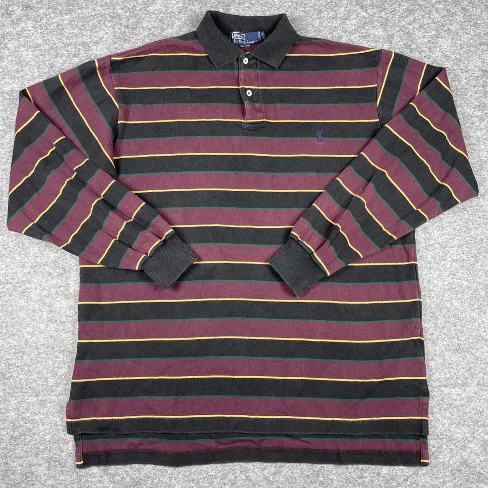 VTG Polo Ralph Lauren Polo Shirt Mens L Multi Color Striped Long Sleeve Pony 90s